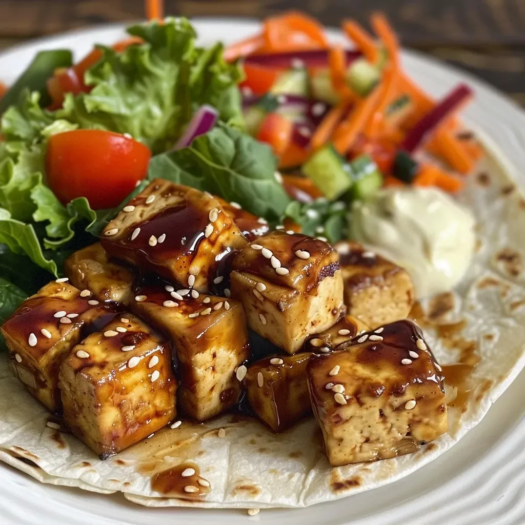 Close-up of juicy marinated tofu wraps filled with fresh vegetables and drizzled with sauce.