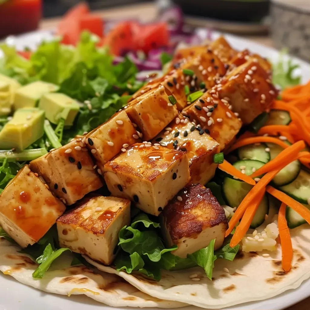Close-up of marinated tofu wraps filled with fresh vegetables.