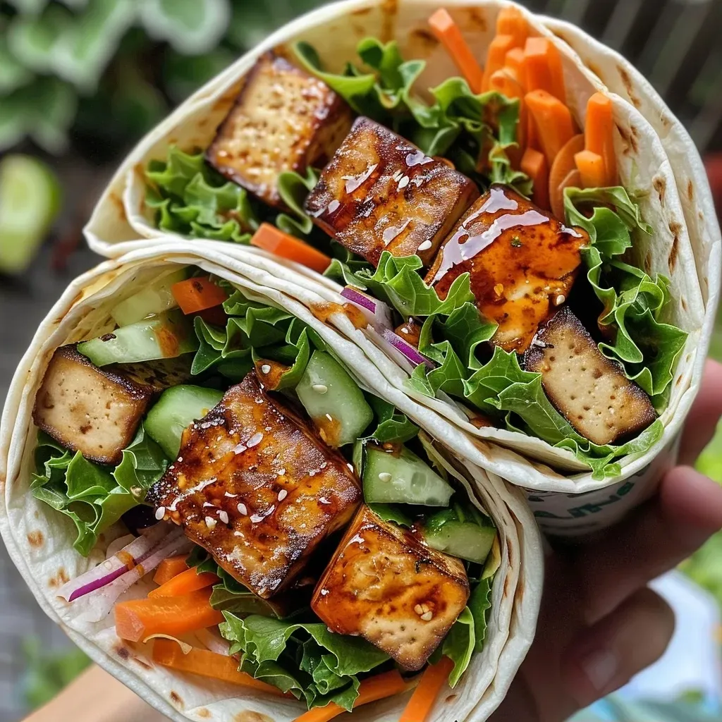 Side view of a colorful tofu wrap showcasing layers of tofu and vibrant veggies.