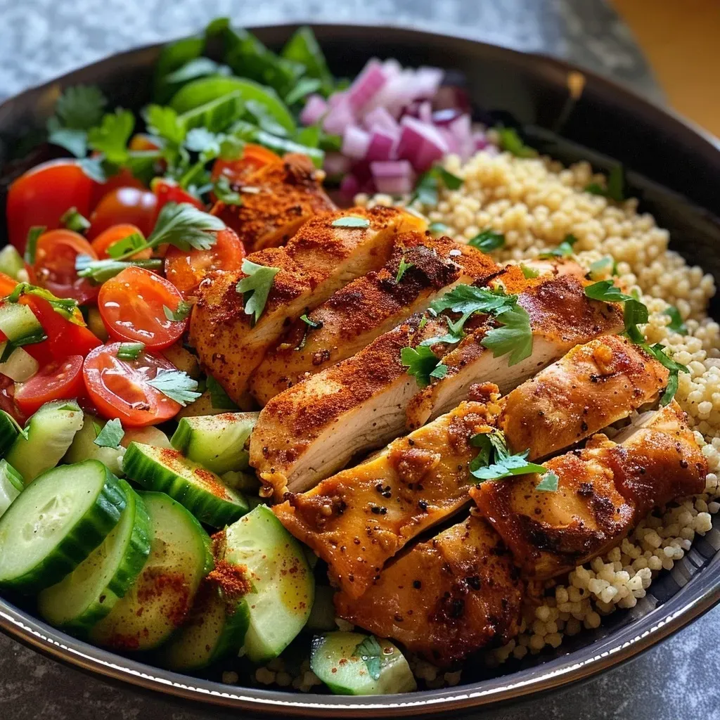 Close-up photo of Moroccan Chicken Couscous Bowl with vibrant ingredients.