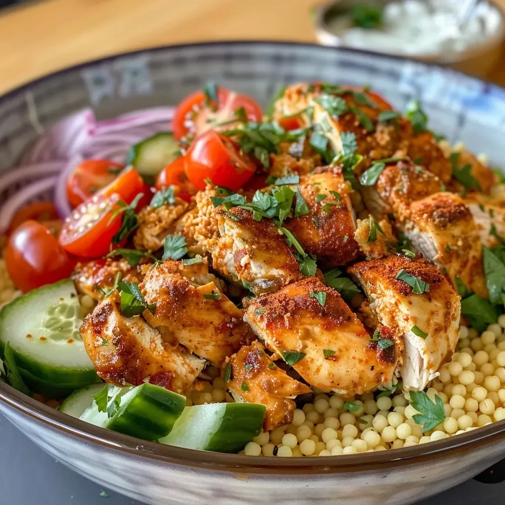 Side view of a colorful Moroccan Chicken Couscous Bowl filled with vegetables and chicken.
