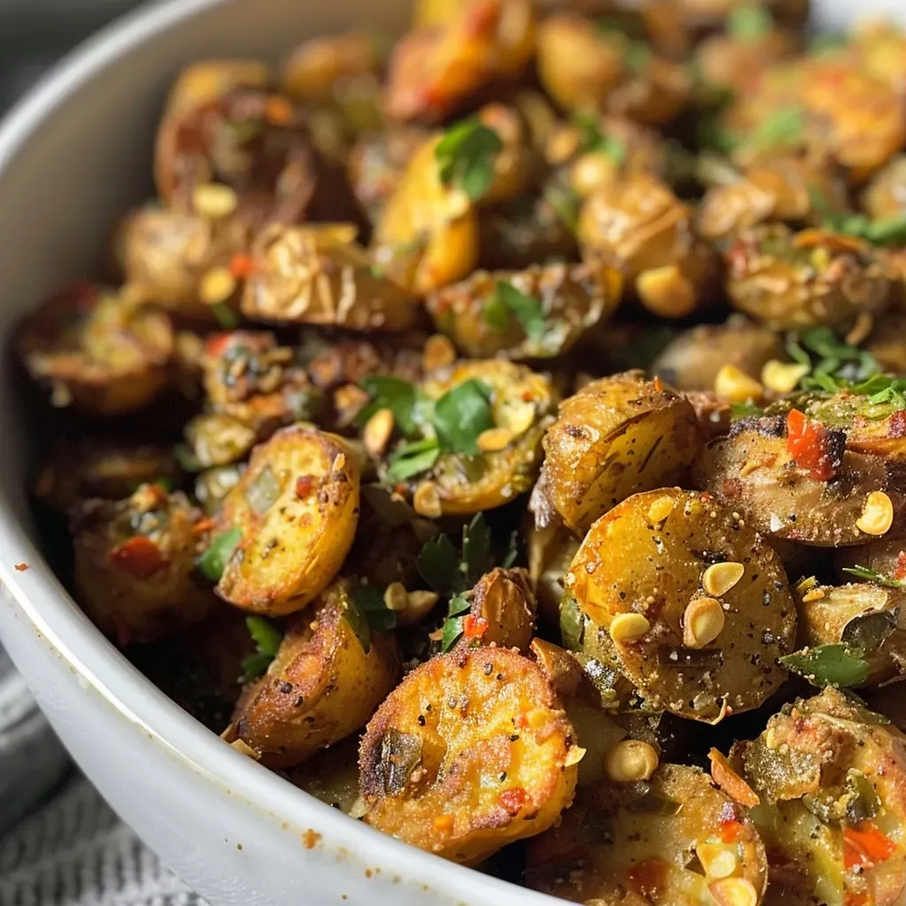 A close-up view of Moroccan lentils cooked in an air fryer, garnished with fresh parsley.