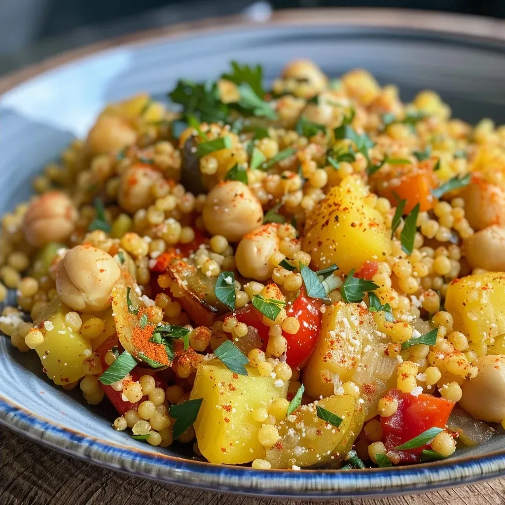 Colorful Moroccan couscous dish featuring cubed sweet potatoes and herbs.