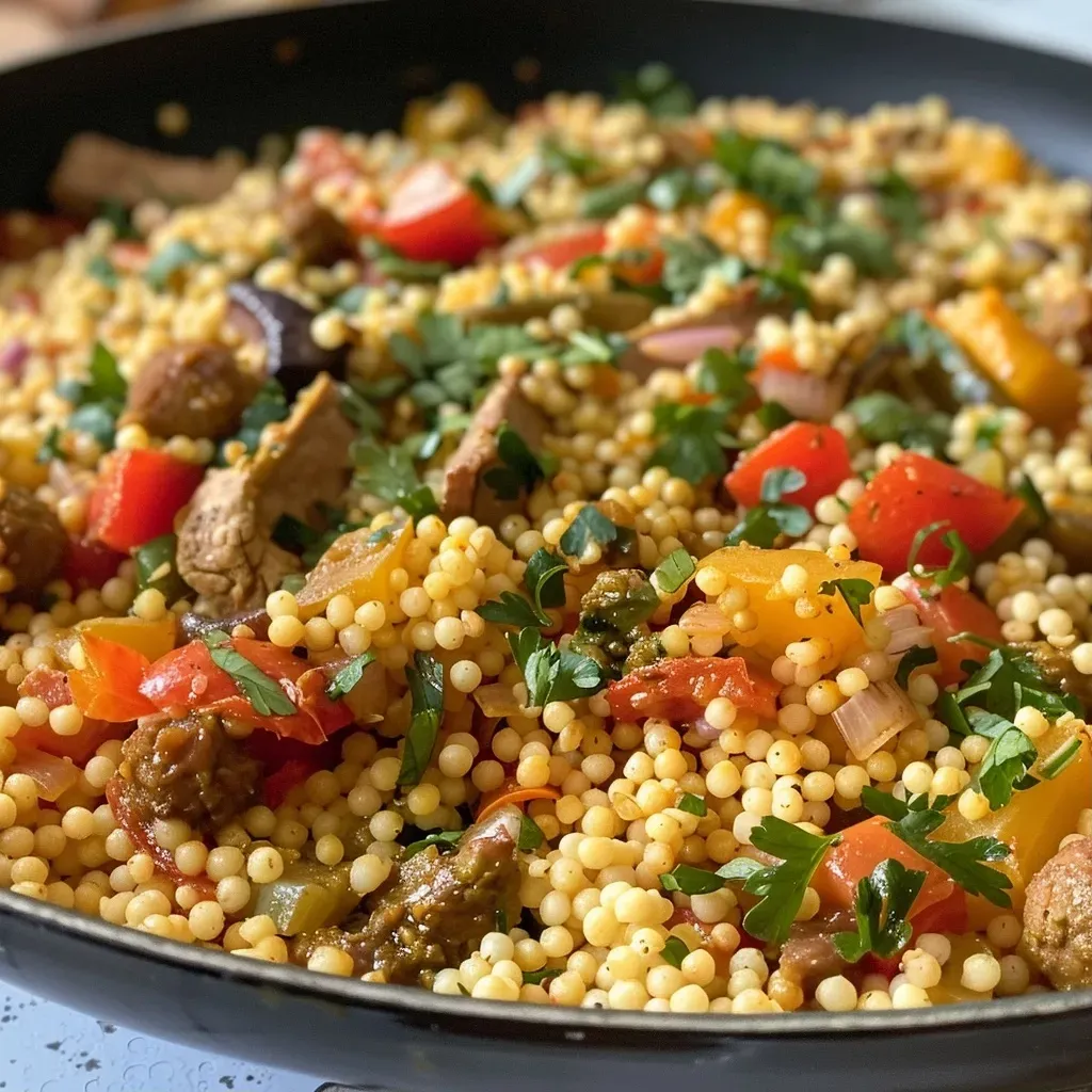 Close-up of a vibrant Moroccan couscous dish with sweet potatoes and chickpeas, garnished with parsley.