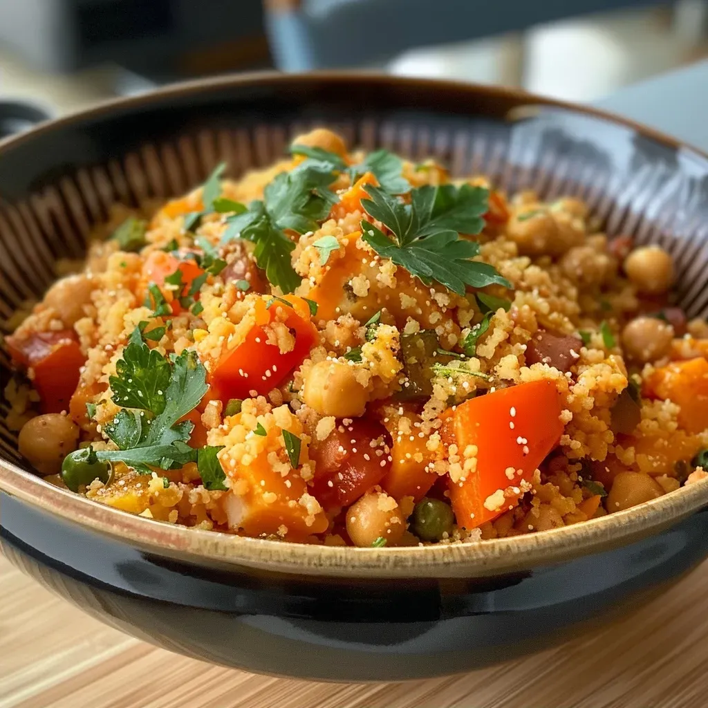 A colorful side view of Moroccan couscous featuring diced sweet potatoes, garnished with fresh herbs and lemon.