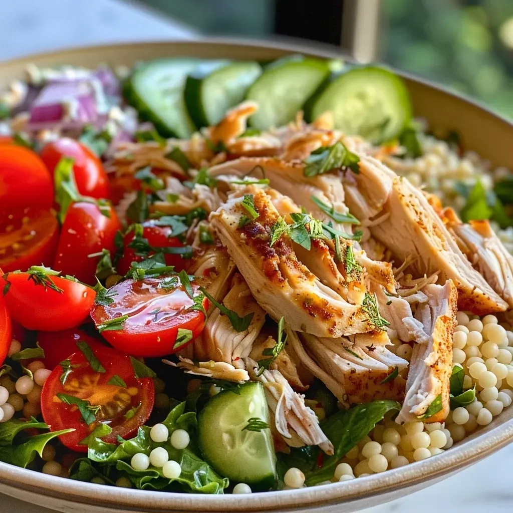 A close-up of a Mediterranean chicken couscous bowl featuring colorful ingredients.