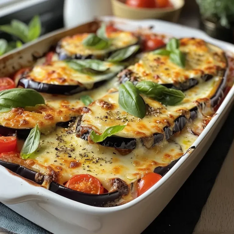 A close-up of a baked Mediterranean eggplant and zucchini casserole with melting mozzarella on top.