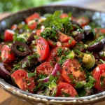 ['Close-up view of a colorful Mediterranean bean salad with beans, tomatoes, and herbs.', 'Side angle photo of a bean salad showcasing vibrant vegetables and glistening dressing.', 'Detailed shot of a mixed bean salad with fresh ingredients, including red onion and bell pepper.', 'Close-up image of Mediterranean bean salad with a focus on its rich texture and vibrant colors.']