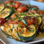 Close-up view of a Mediterranean chicken and zucchini casserole with vibrant colors.