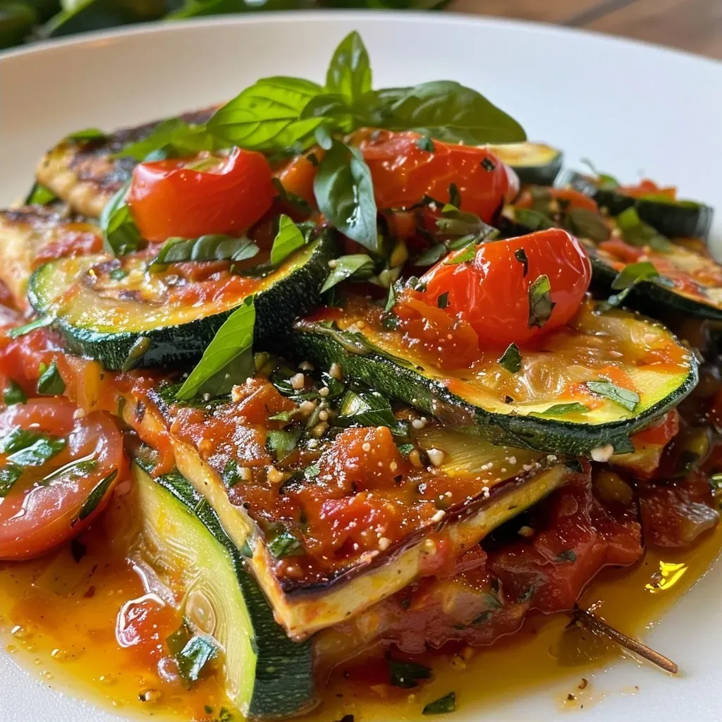 Side angle of a baked dish featuring chicken, zucchini, and tomatoes, topped with cheese.