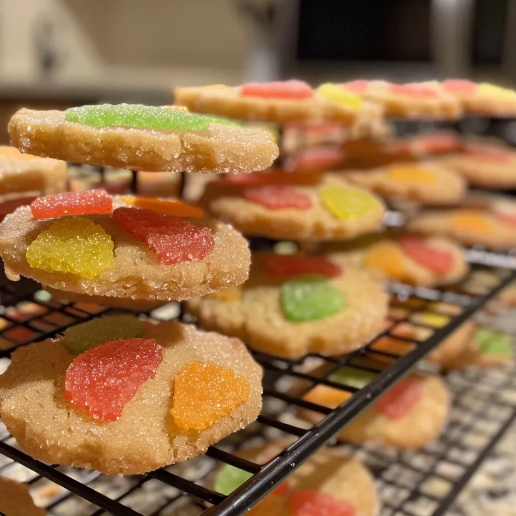 A close-up side view of a juicy melon cookie decorated with colorful sugar.