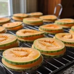 Close-up view of colorful Melon Cookies with chocolate drops.