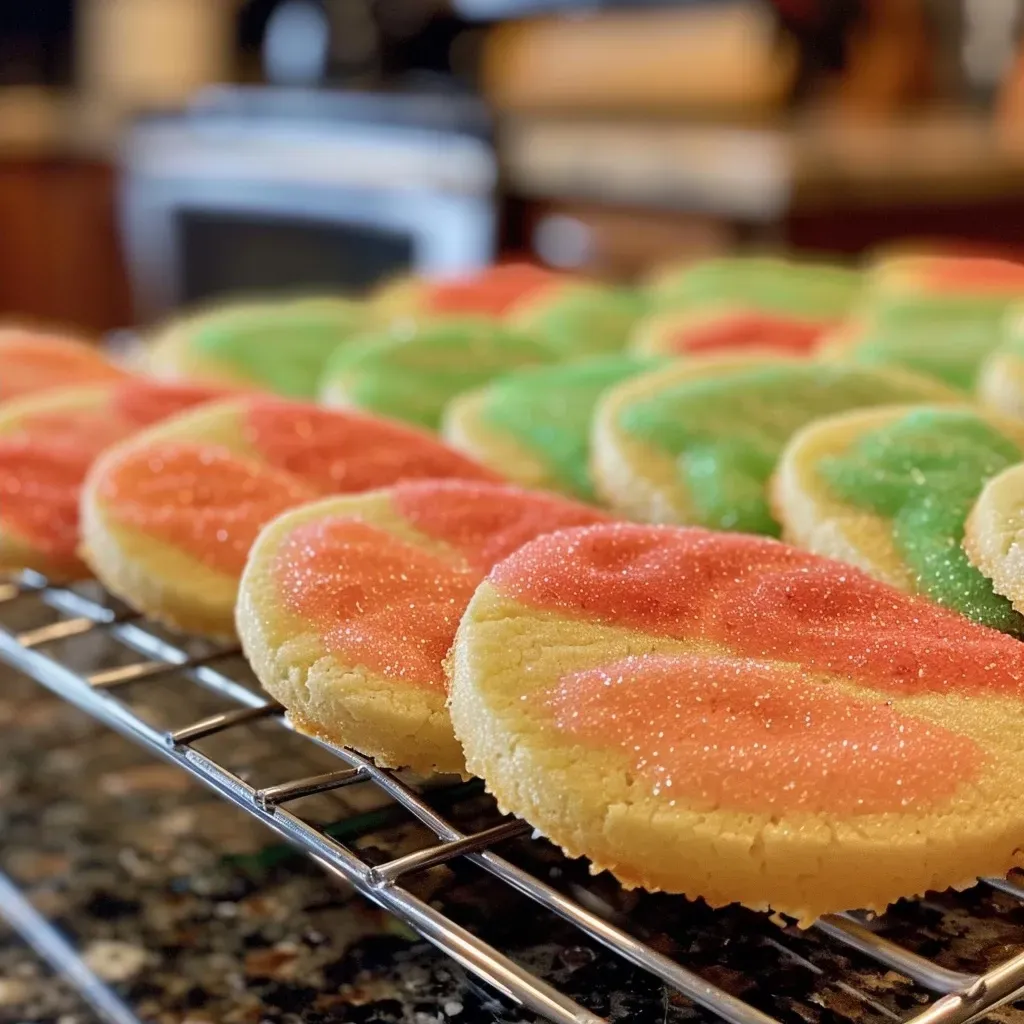 Side view of a vibrant melon cookie with chocolate drops and a glossy finish.