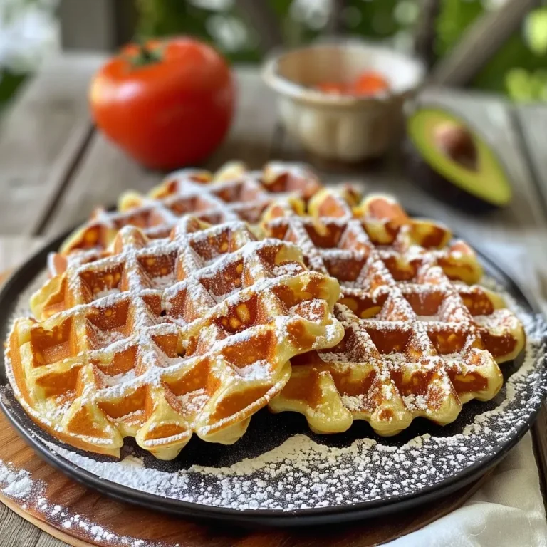 Close-up view of golden Mexican waffles topped with vibrant green pea guacamole and diced tomatoes.