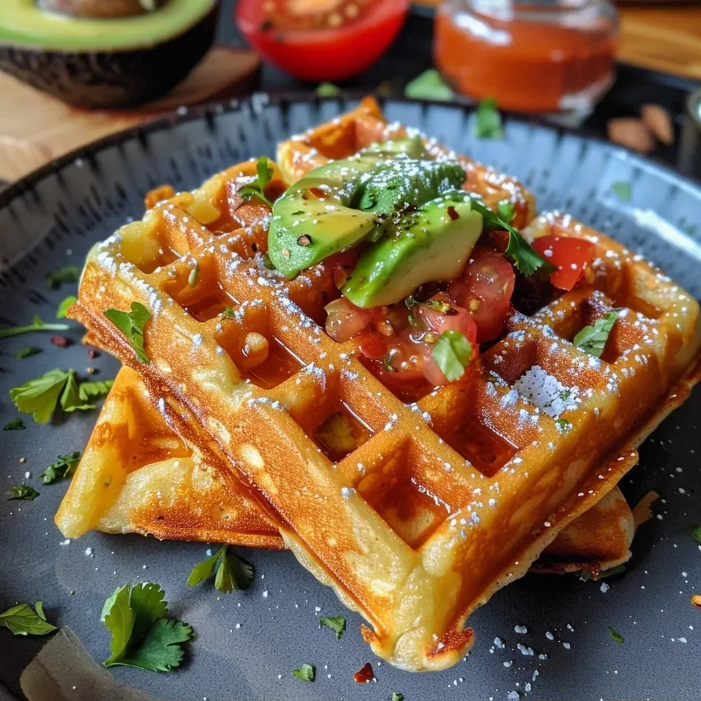 Side perspective of delicious Mexican waffles accompanied by a bright avocado and pea guacamole.