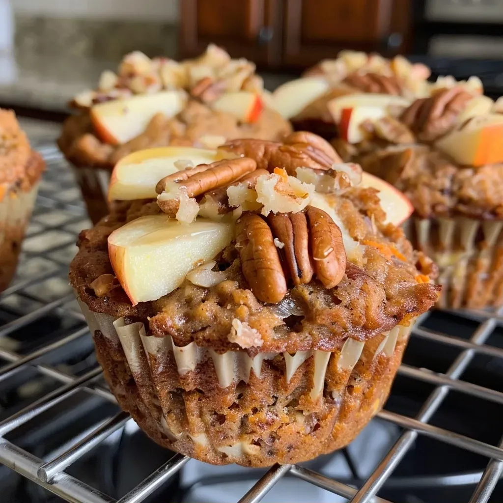 Close-up of golden-brown morning glory muffins with visible chunks of apples and carrots.