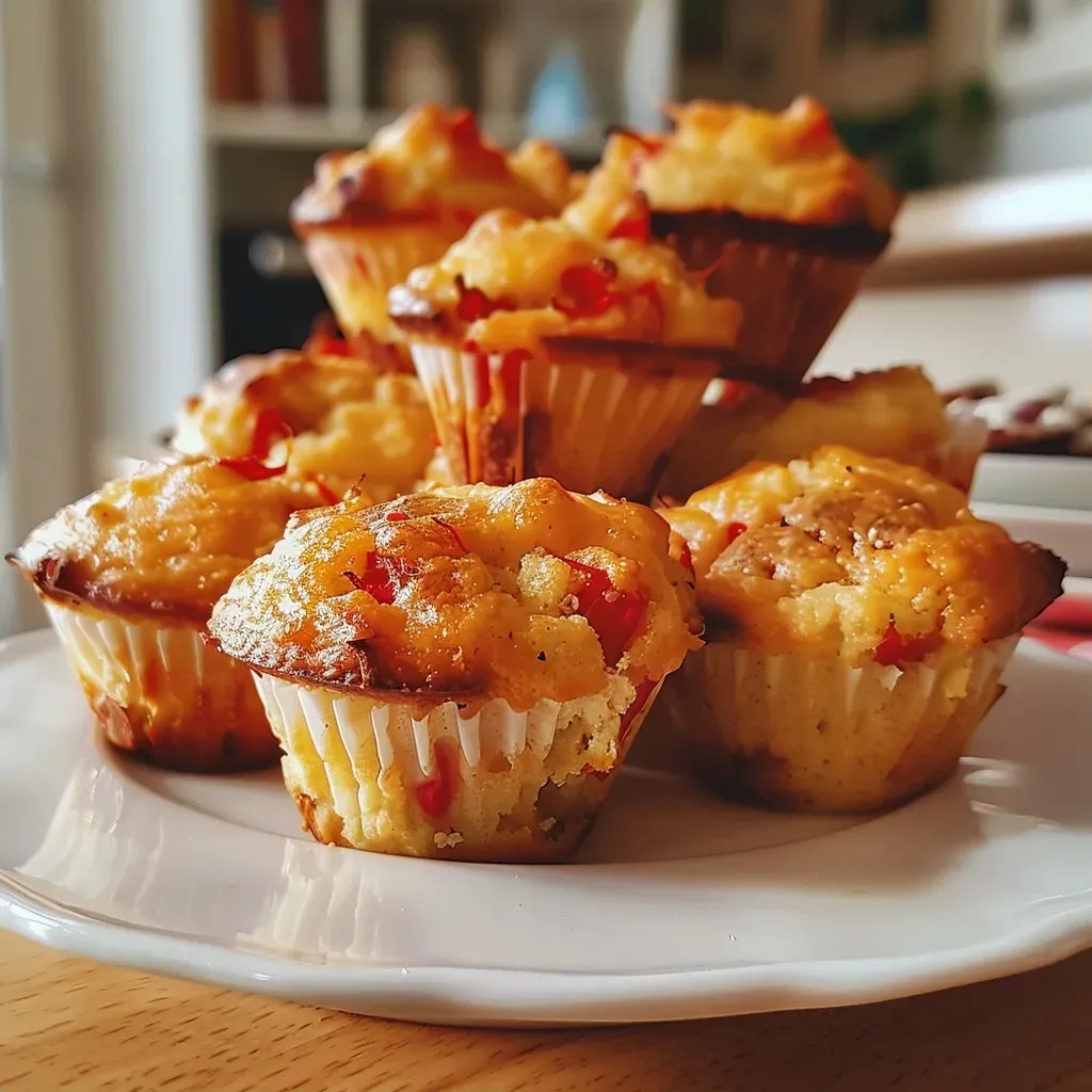 Close-up shot of savory muffins with red bell pepper visible, showcasing their texture.