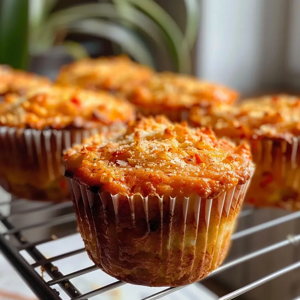 Side view of delicious muffins featuring chunks of red paprika, highlighting their golden crust.