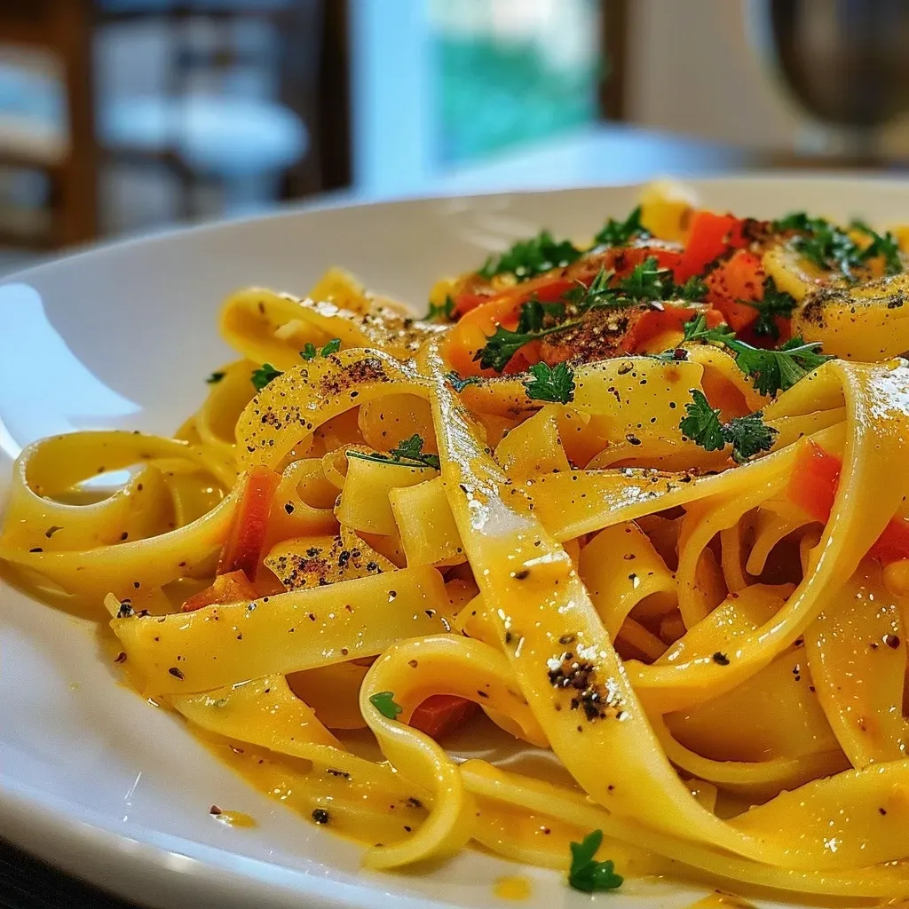 Juicy noodles in curry sauce with pieces of beef and fresh herbs.
