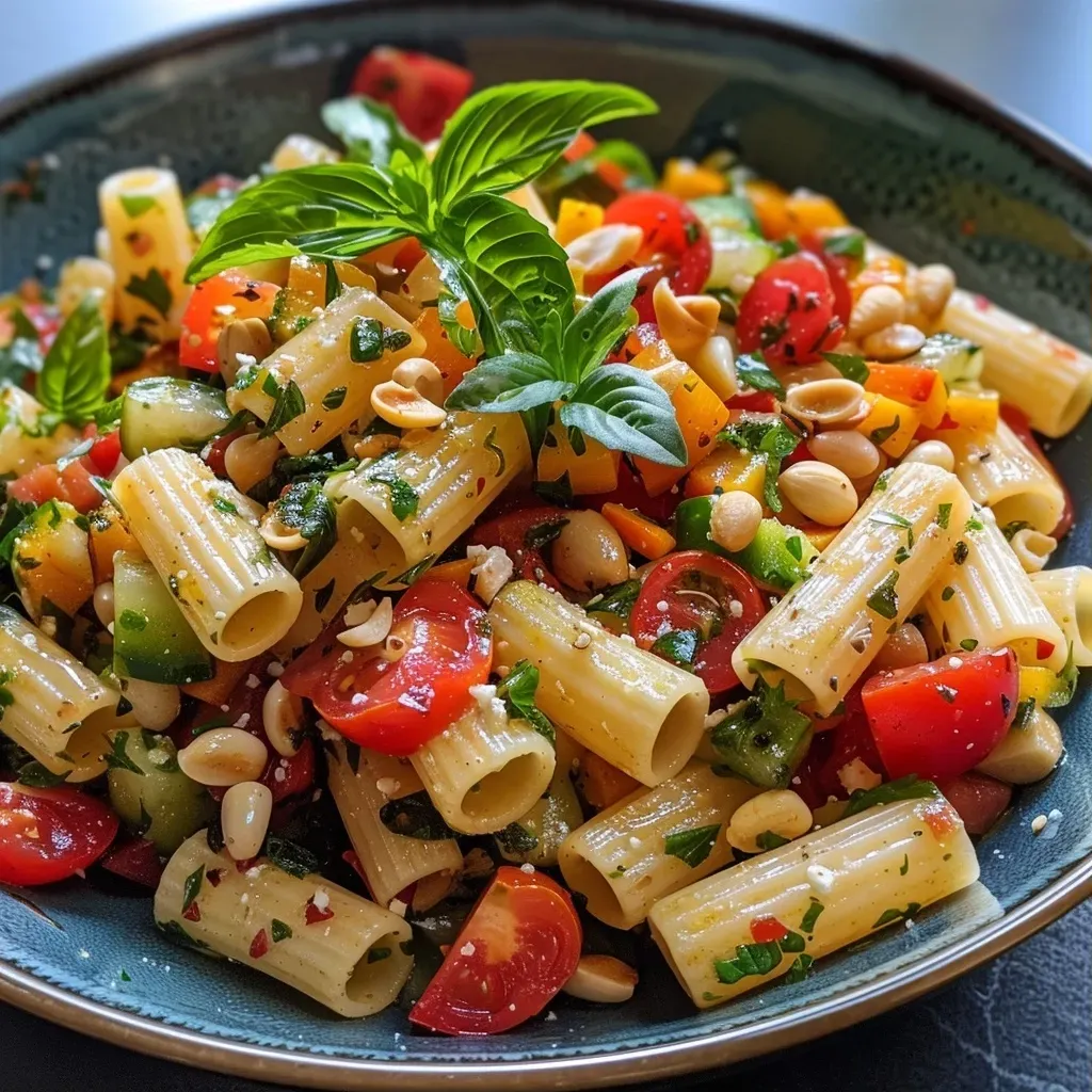 A close-up view of a vibrant Nudelsalat with chickpeas, featuring colorful cherry tomatoes and parsley.