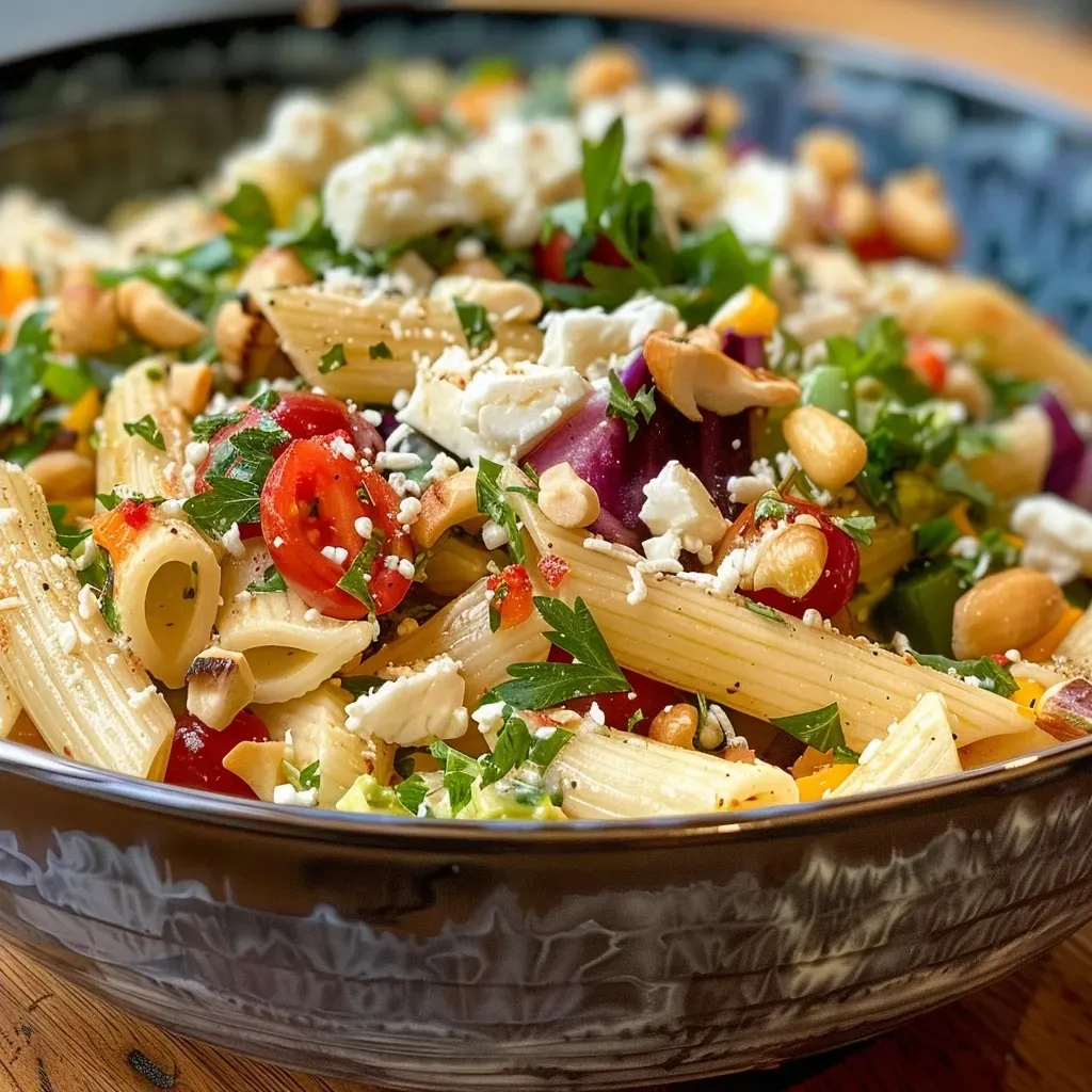 Side view of a fresh summer pasta salad with chickpeas, showing juicy ingredients garnished with mint.