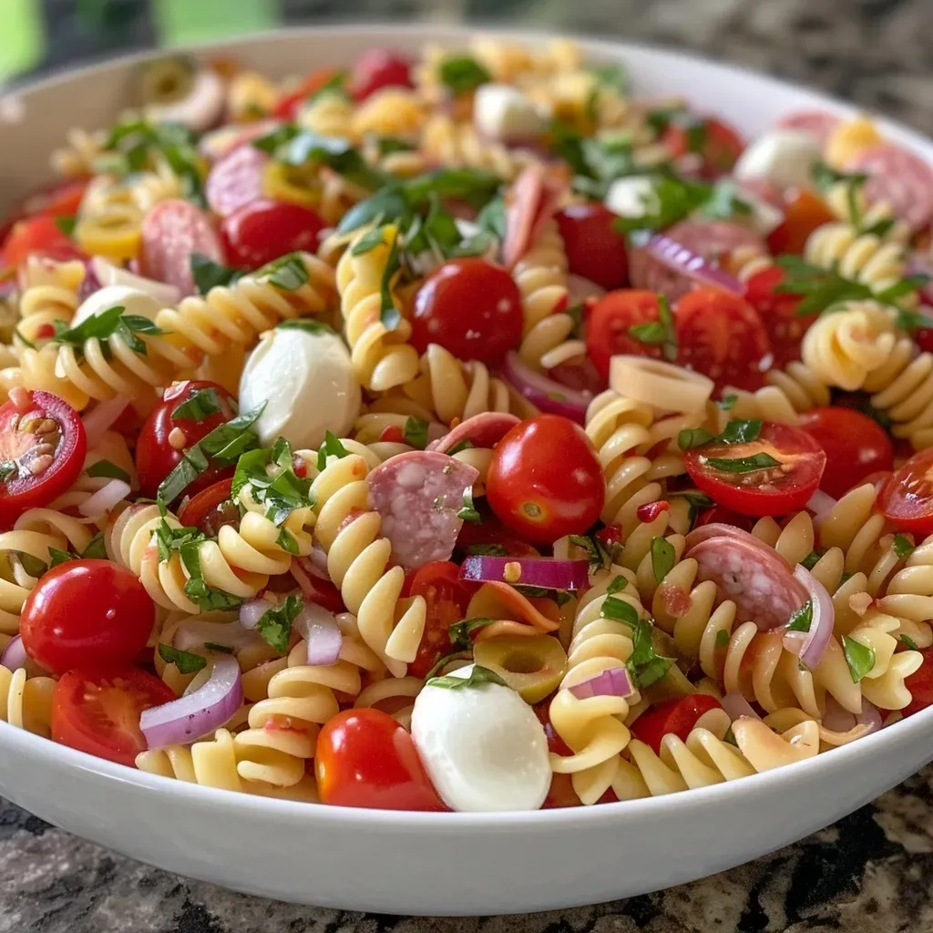 Close-up of a vibrant pasta salad featuring colorful cherry tomatoes, mozzarella, and olives.