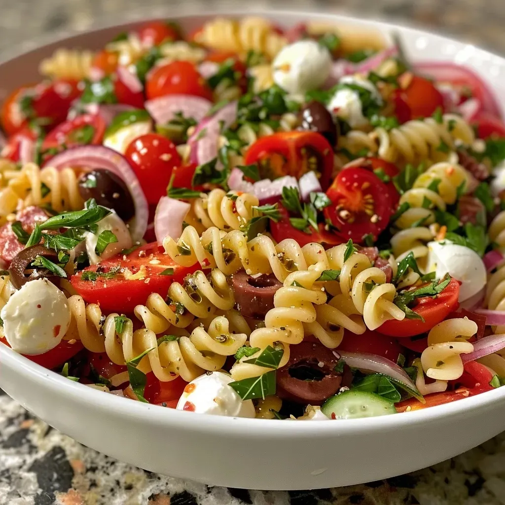 Side view of a delicious Nudelsalat with rotini pasta and fresh ingredients arranged appetizingly.