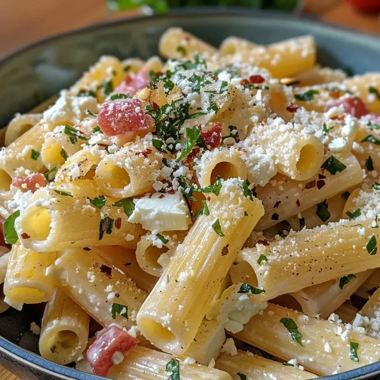 Die unkomplizierte One-Pan-Pasta mit Feta – Dein neues Lieblingsrezept! Close-up of creamy One Pan Pasta with Feta, garnished with fresh fennel fronds.