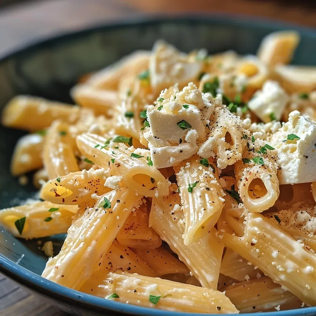 Side view of a bowl filled with flavorful One Pan Pasta featuring chunks of feta cheese and herbs.