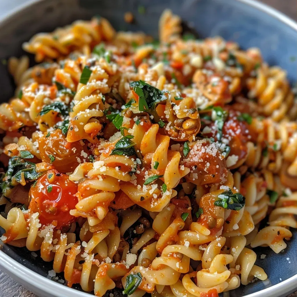 A close-up view of One Pot Pasta cooked in an air fryer, featuring colorful ingredients.