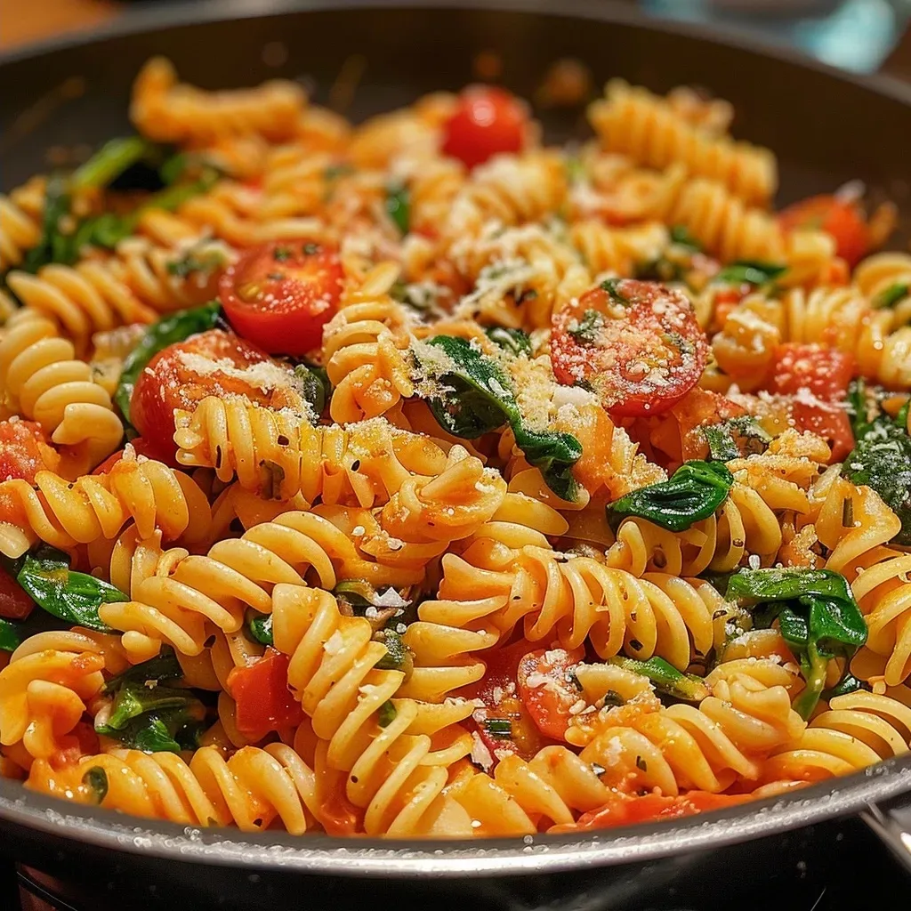 Juicy and delicious One Pot Pasta displayed in a bowl, showcasing fresh vegetables and cheese.