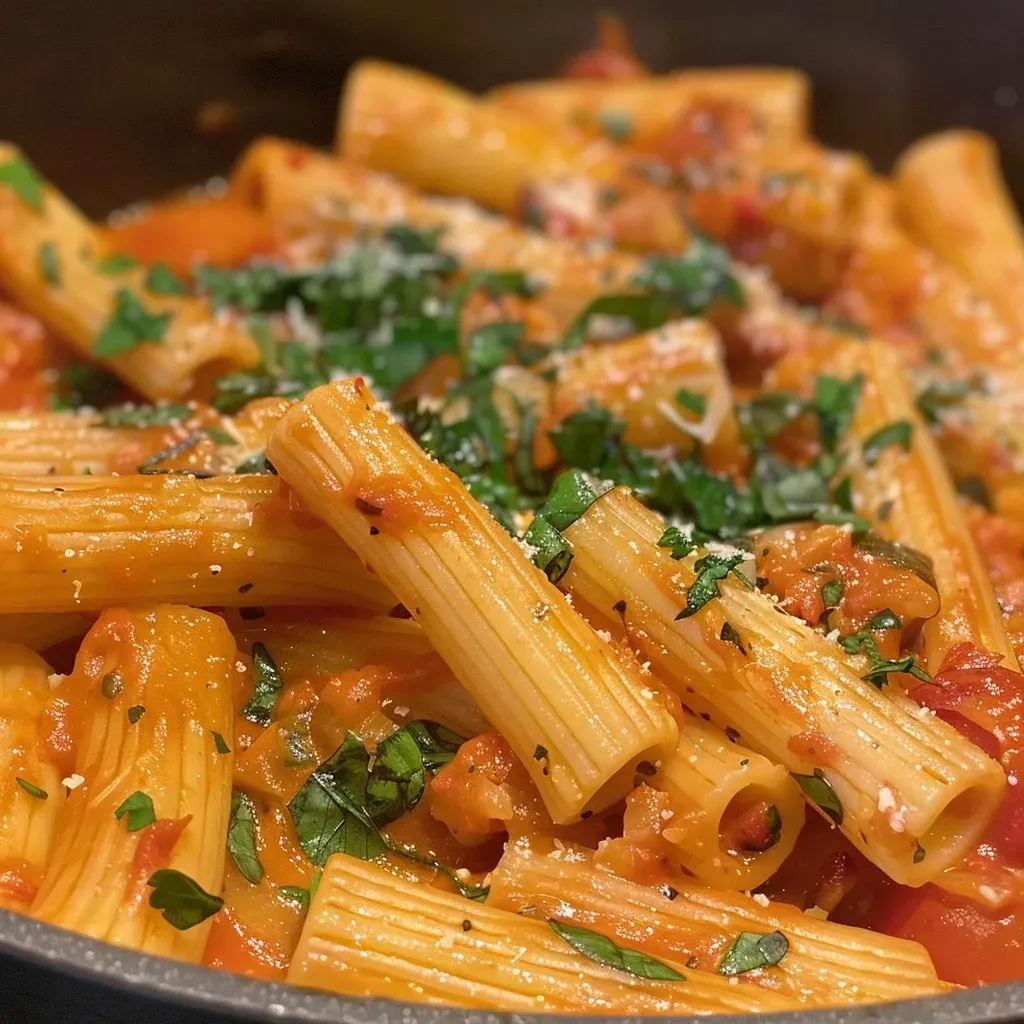 Close-up view of a bowl of One-Pot Pasta with lentils, showcasing vibrant colors and ingredients.