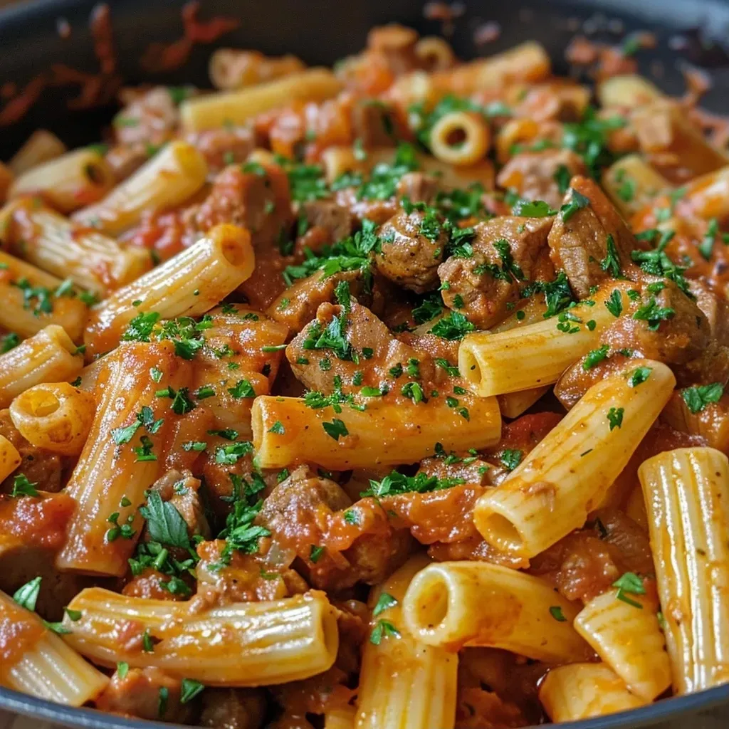 Close-up view of a delicious One Pot Pasta dish with visible chunks of meat and herbs.