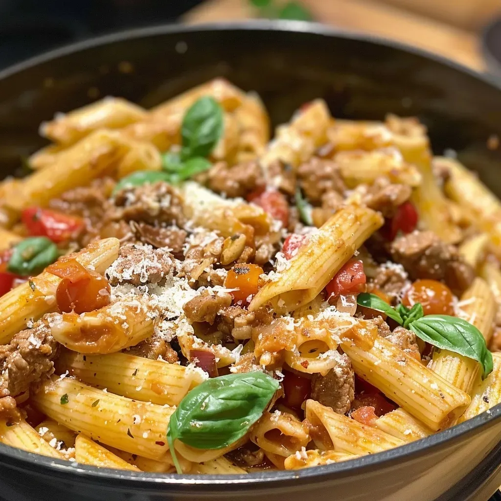 Close-up view of a creamy One Pot Pasta dish with ground meat and herbs.