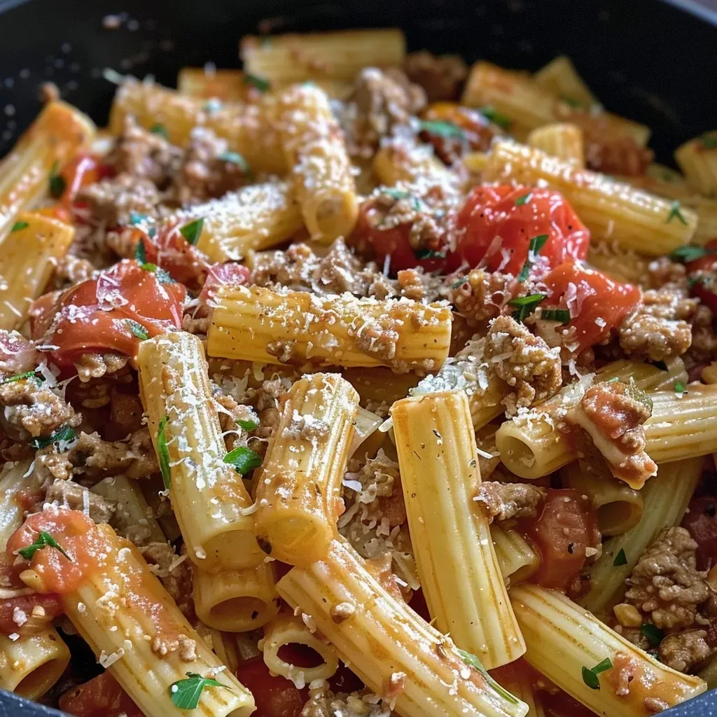 Side angle of a colorful One Pot Pasta, showcasing noodles and fresh vegetables.