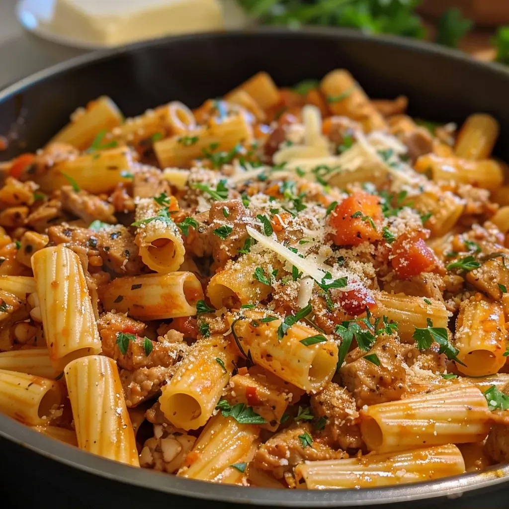 Side angle of juicy One Pot Pasta featuring penne noodles and fresh ingredients.