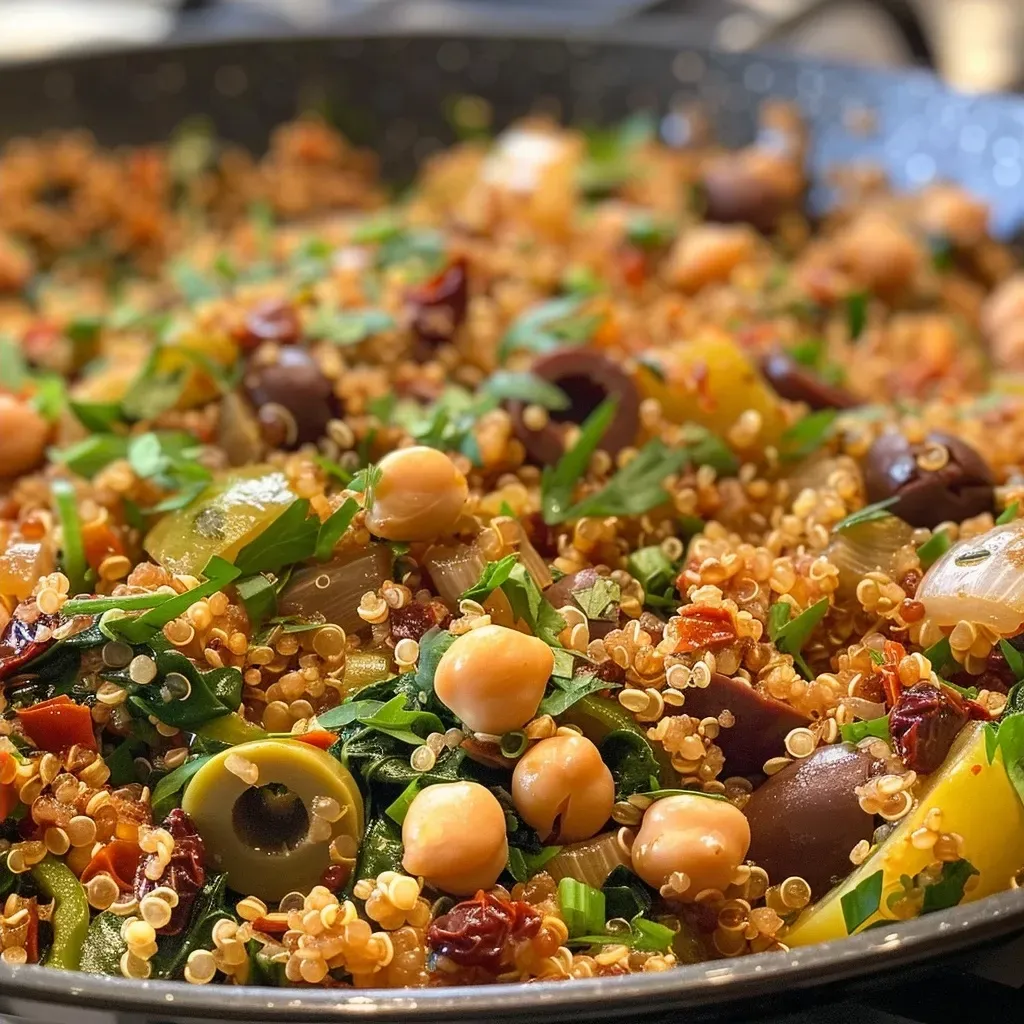 Side angle photo of a hearty one-pot quinoa dish, featuring chickpeas and fresh spinach.