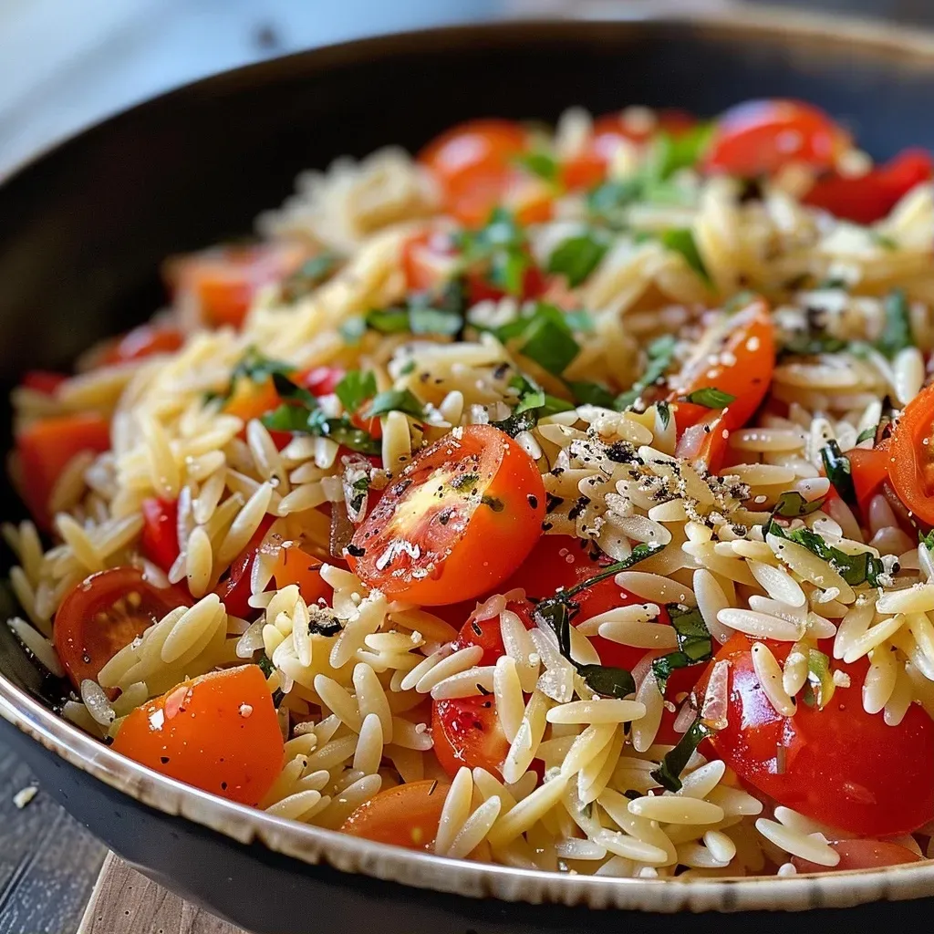 Close-up view of a vibrant Orzo Pfanne with tomatoes and spinach.
