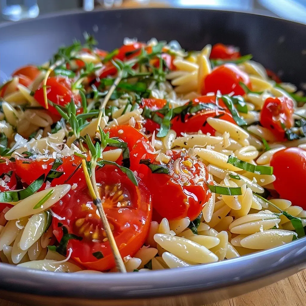 A delicious serving of Orzo pasta mixed with cherry tomatoes and fresh spinach.