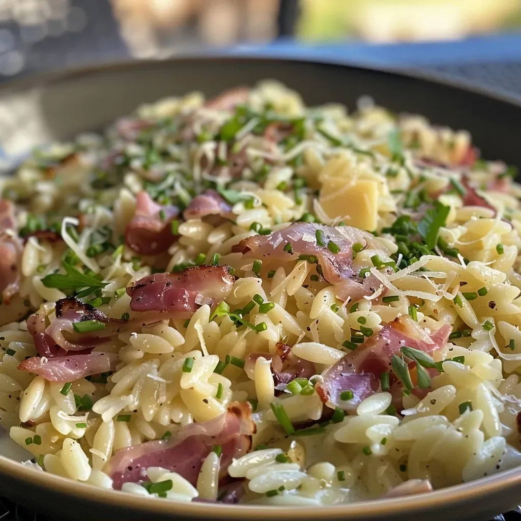 Close-up view of Orzopfanne with peas and bacon, showcasing creamy texture and garnishes.
