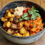 A vibrant bowl of Paprika-Kartoffel dish featuring grilled green peppers, fresh fennel, and roasted cashews.