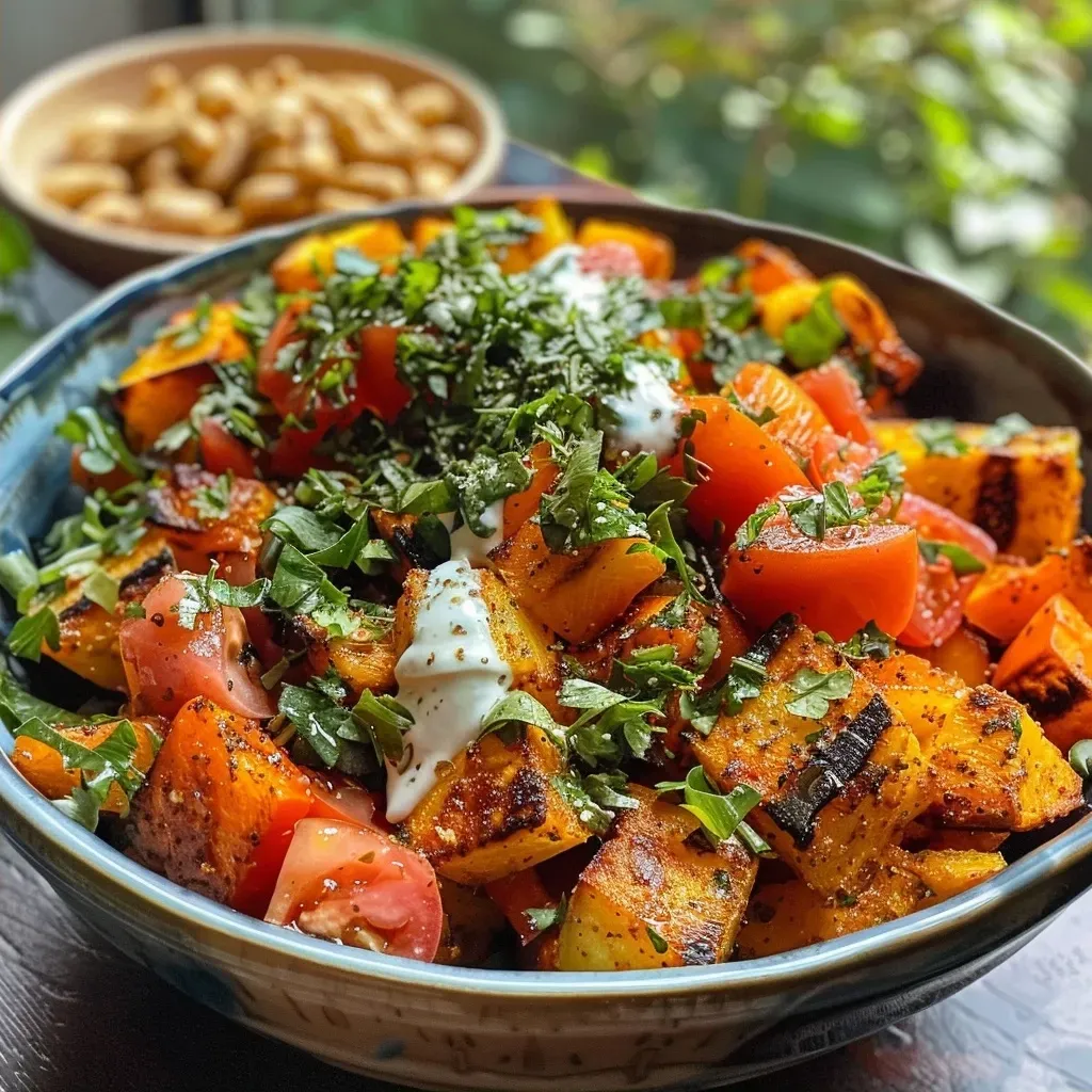 Close-up view of Paprika Kartoffel Bowl with colorful sweet potatoes, green bell peppers, and garnished with cashews.