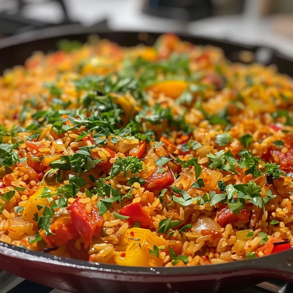 A close-up view of paprika lentil rice showcasing vibrant colors and textures.