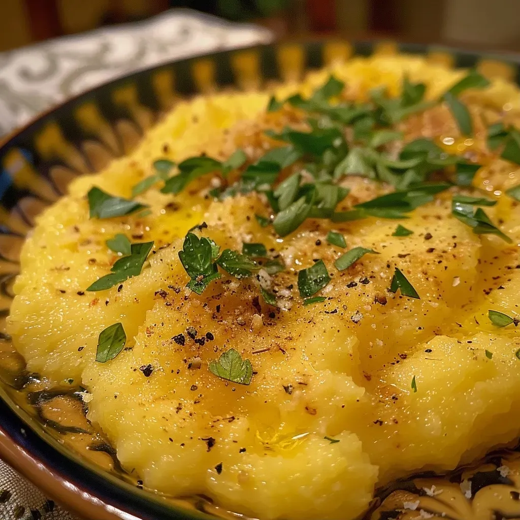 Close-up side view of baked polenta on a rustic wooden table.