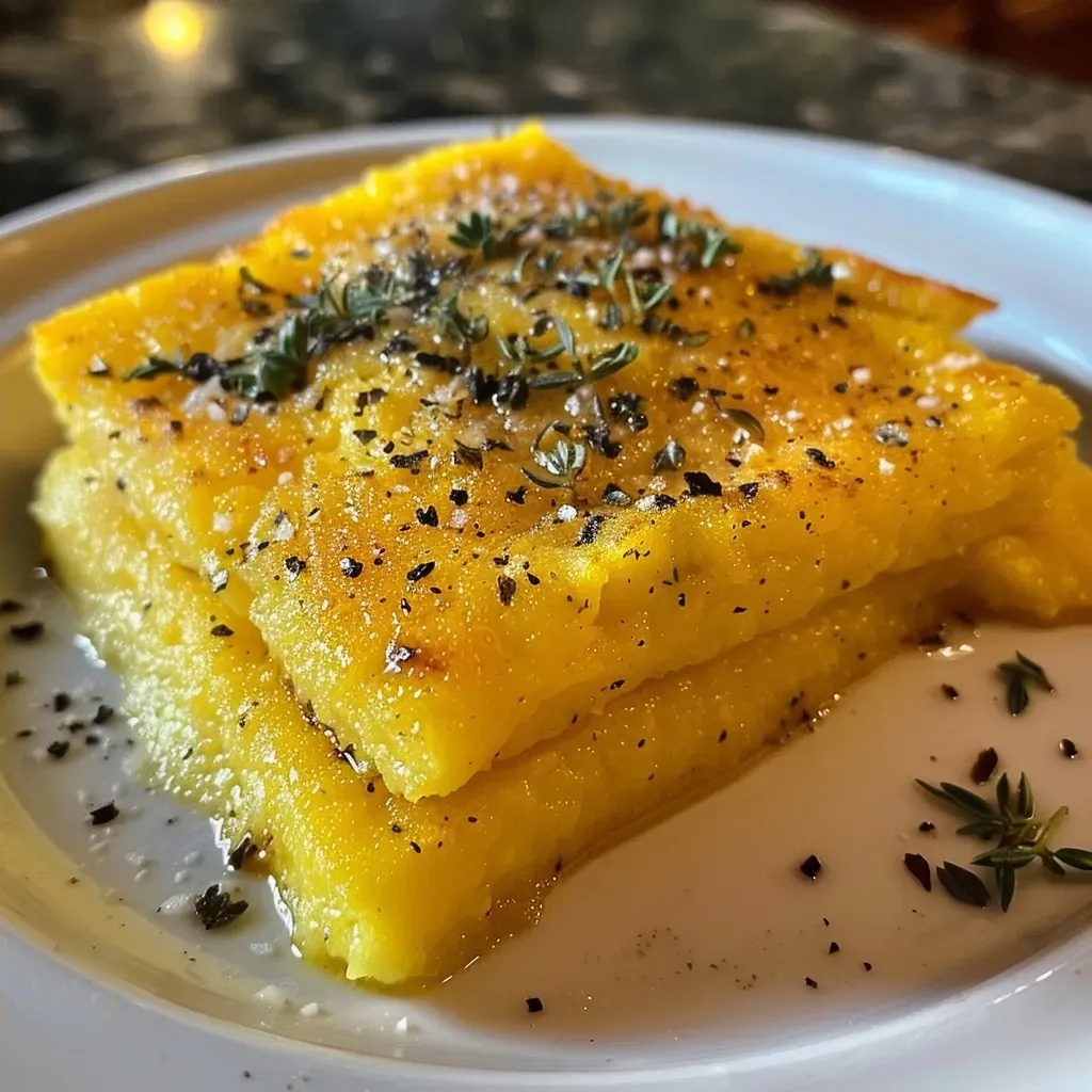 Close-up side view of baked polenta on a rustic wooden table.
