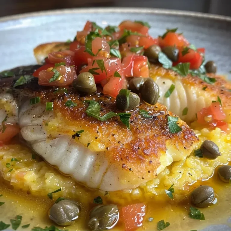 ['Close-up of polenta-crusted fried fish fillet topped with capers and fresh mint.', 'Side view of golden fried fish coated in polenta, served with a drizzle of mint oil and garnish.', 'Juicy fish fillet crusted with polenta, featuring a vibrant garnish of capers and mint.', 'Captivating detail of a fried fish dish, showcasing polenta crust and fresh herb toppings.']