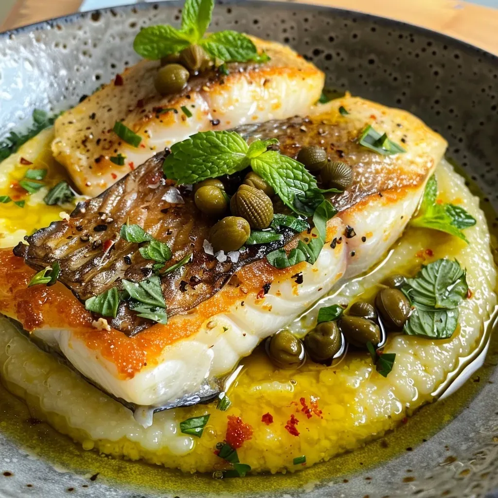 Close-up of polenta-crusted fried fish fillet topped with capers and fresh mint.