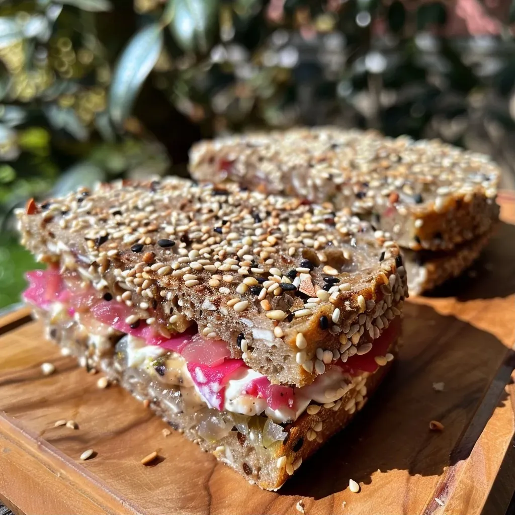 Close-up view of a juicy Protein Fladenbrot with toppings.