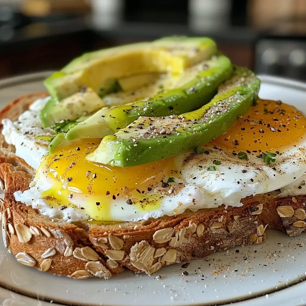 Close-up of a protein breakfast toast featuring eggs, avocado, and cottage cheese on whole grain bread.
