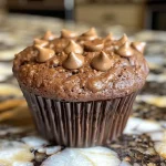 Close-up of delicious protein muffins showcasing a golden brown exterior with chocolate chips.